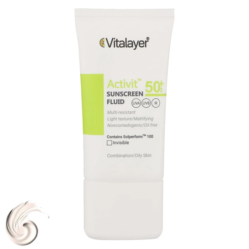 فلوئید ضدآفتاب بی رنگ ویتالیر SPF 50 مدل Activit مناسب پوست های مختلط و چرب حجم 50 میلی لیتر