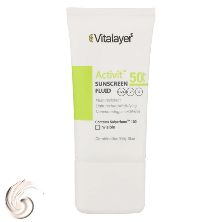 فلوئید ضدآفتاب بی رنگ ویتالیر SPF 50 مدل Activit مناسب پوست های مختلط و چرب حجم 50 میلی لیتر