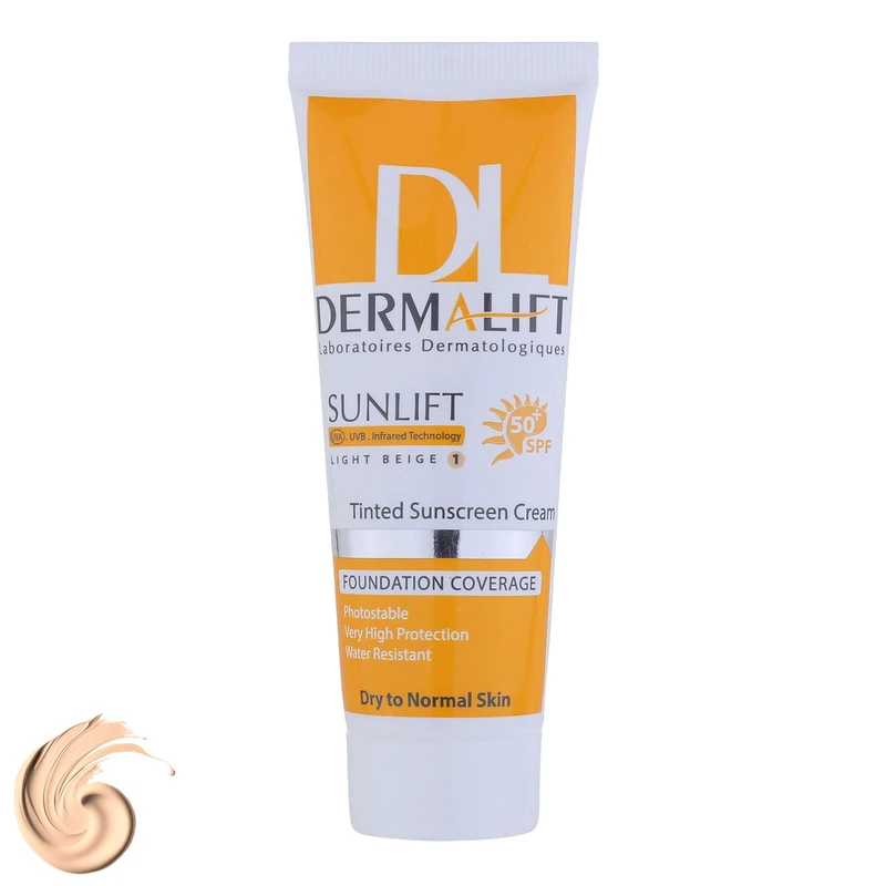 کرم ضد آفتاب رنگی درمالیفت، SPF50، مدل سانلیفت، مناسب پوست خشک و معمولی تنالیته رنگ روشن و حجم 40 میلی‌لیتر