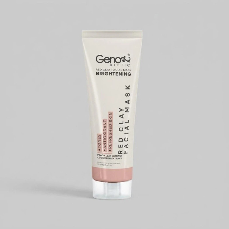 ماسک صورت و گردن روشنکننده و لایهبردار خاک رس قرمز ژنوبایوتیک مدل Red Clay حجم 100 میلیلیتر با عصاره برگ هلو و خیار، آنتیاکسیدان و از بین برنده تیرگی و لکه، مناسب انواع پوست